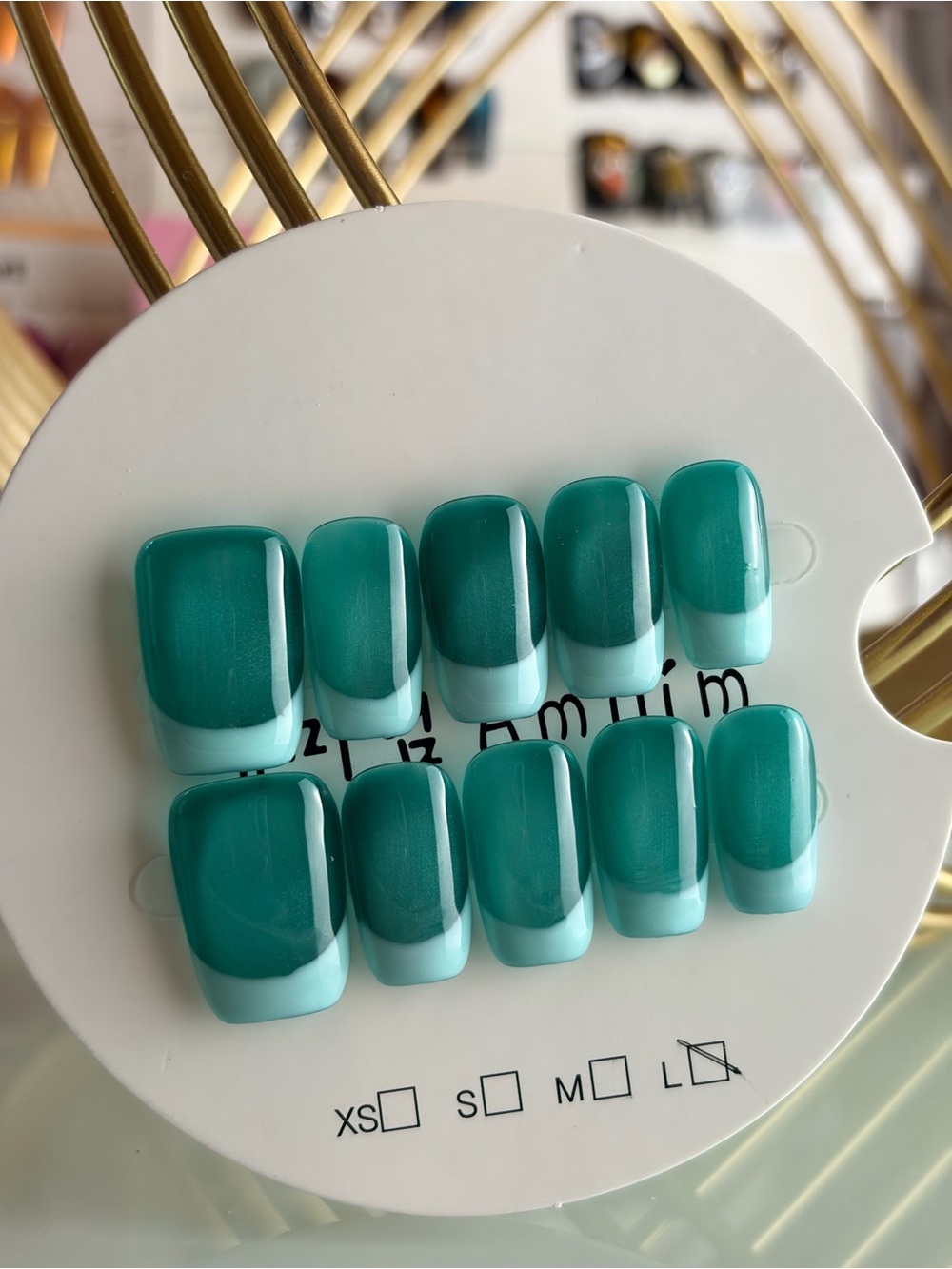 Teal Cat Eye Ombre Press-On Nails - Glossy Two-Tone Set Large